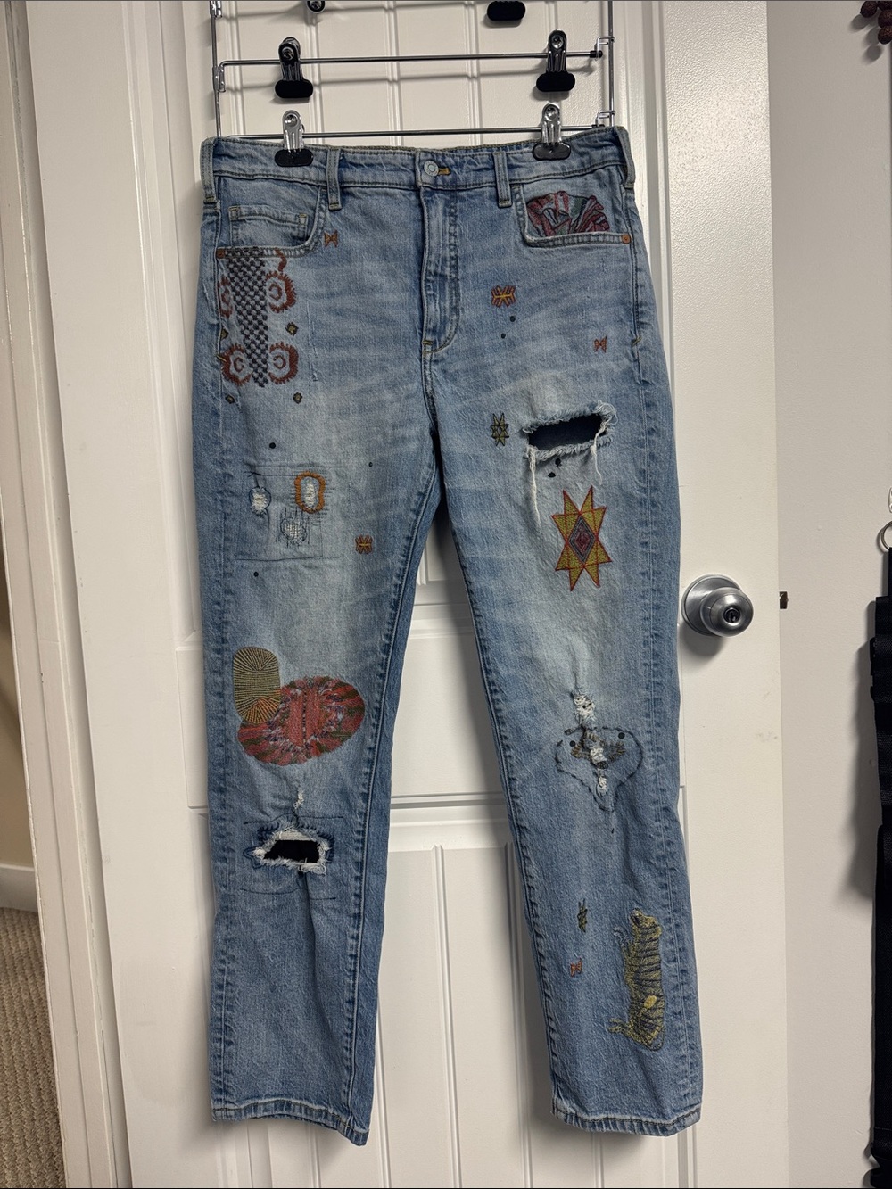 Anthropologie Light Blue Embroidered Straight-Leg Jeans